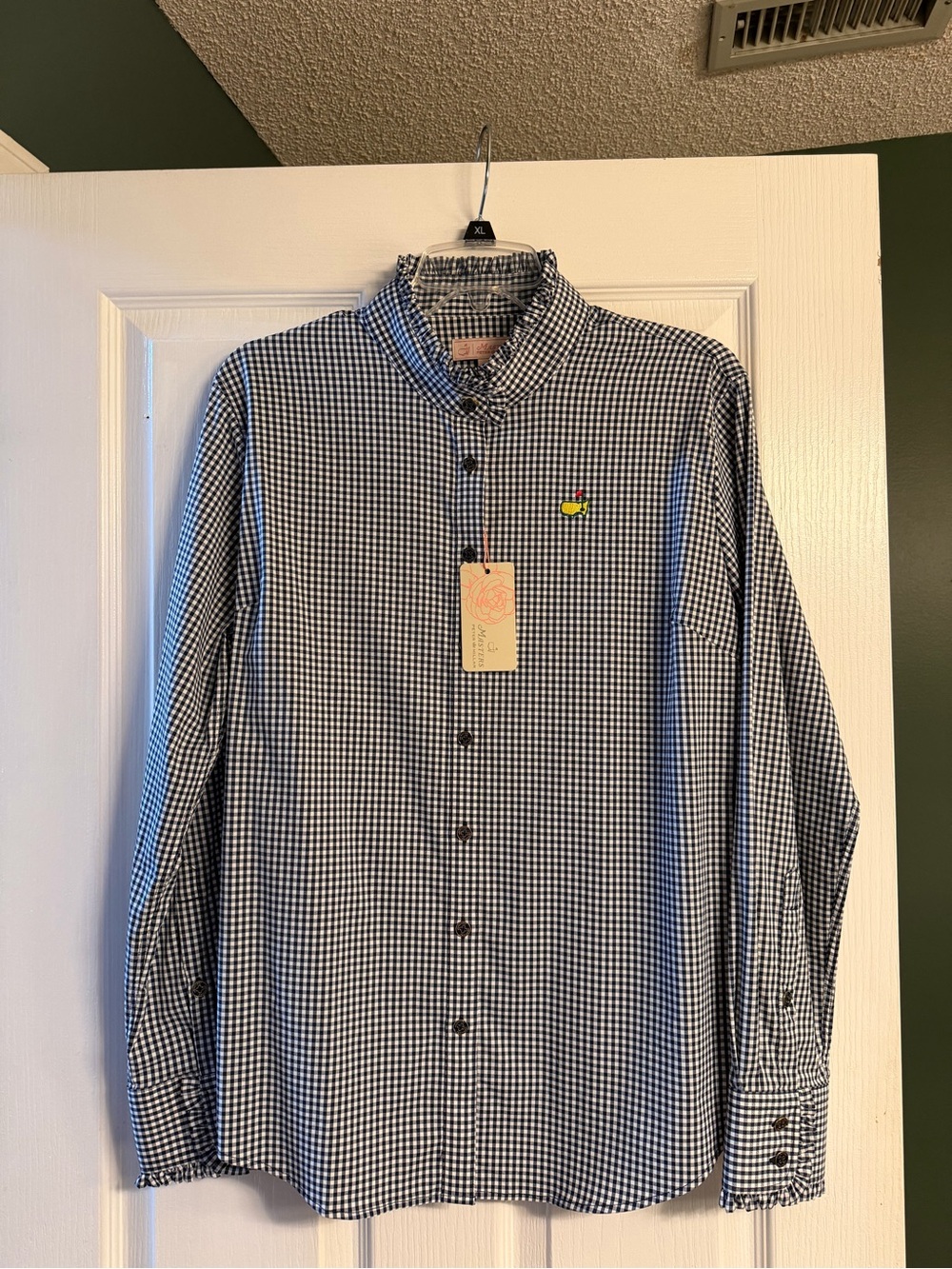 Peter Millar *Masters* Navy and White Gingham Button-Up Blouse, size L, NWT